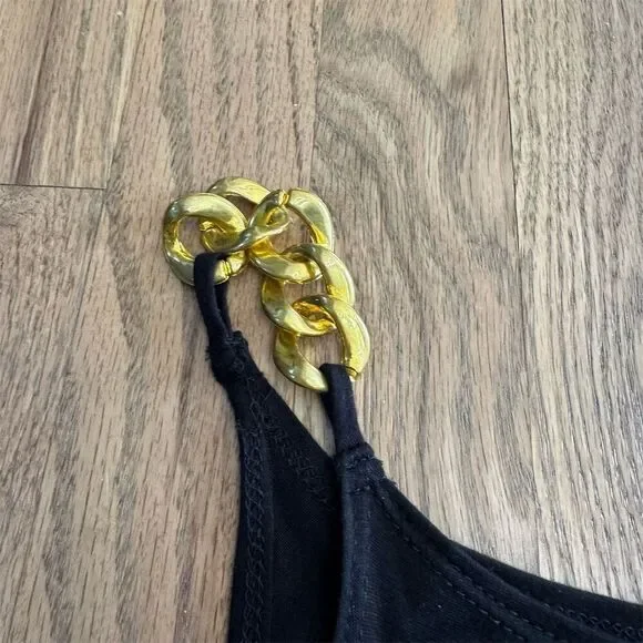 Misopé Black Embellished Asymmetrical Sleeveless Blouse with Gold Rose - Picture 2 of 9